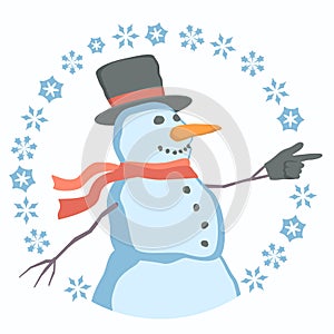 Snowman With Red Scarf And Black Top Hat points with her hand in the direction of something.