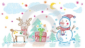 Snowman and Reindeer on Christmas night in a pine forest amid moon and stars