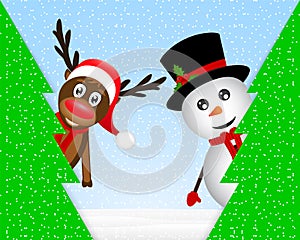 Snowman and reindeer peeking from behind trees