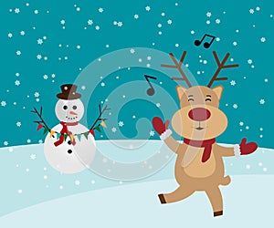 Snowman and reindeer red-nosed cute cartoon with greeting banner snowy winter background. Christmas card. Vector