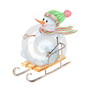 Snowman rushes on a sled