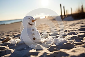Snowman on sandy beach with sunny weather. Climate change concept