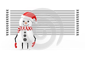 Snowman in Santa Claus Hat Character Mascot in front of Police Lineup or Mugshot Background. 3d Rendering