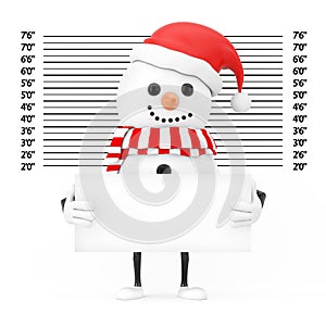 Snowman in Santa Claus Hat Character Mascot with Identification Plate in front of Police Lineup or Mugshot Background extreme