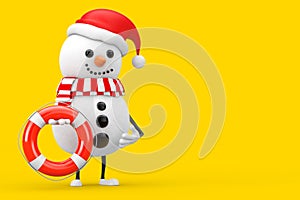 Snowman in Santa Claus Hat Character Mascot with Life Buoy. 3d Rendering