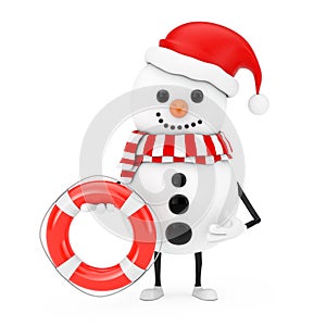 Snowman in Santa Claus Hat Character Mascot with Life Buoy. 3d Rendering