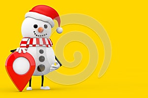 Snowman in Santa Claus Hat Character Mascot with Map Target Pointer Pin. 3d Rendering