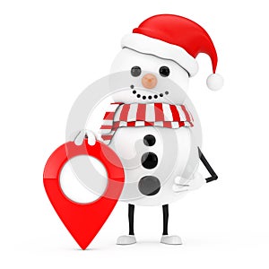 Snowman in Santa Claus Hat Character Mascot with Map Target Pointer Pin. 3d Rendering