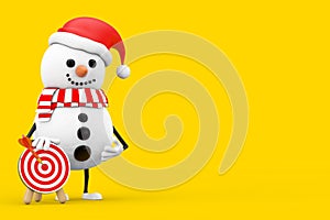 Snowman in Santa Claus Hat Person Character with Archery Target with Dart in Center. 3d Rendering