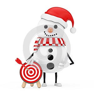 Snowman in Santa Claus Hat Person Character with Archery Target with Dart in Center. 3d Rendering