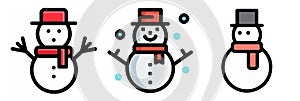 Snowman with Santa hat, filled outline icons for Christmas theme