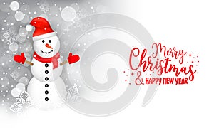 Snowman with Santa hat in a winter holiday landscape, snowfall, stars and snowflakes. Christmas and New Year greeting card.