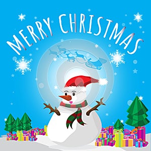 Snowman Santa Merry Christmas Blues Background Tree and Gift Cartoon