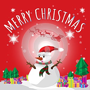 Snowman Santa Merry Christmas Red Background Tree and Gift Cartoon