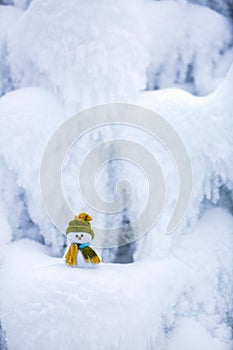 Snowman the Santa`s assistant is standing in green hat.