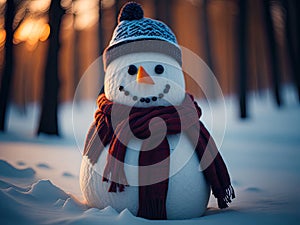 Snowman with scarf beannie and a carrot nose. ai generative