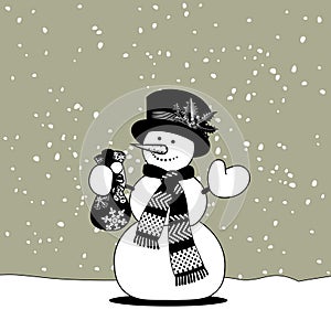 Snowman with a scarf and hat holding a gift bag in hand