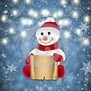 Snowman with scroll and festive winter decoration