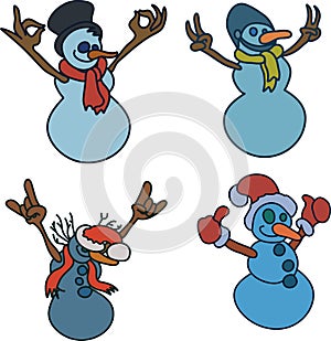 Snowman shows hand gestures:thumbs up, V sign, that rocks,Ok vector illustration.