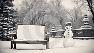 snowman with a sign A cozy Christmas with a snowman and a white board. The snowman is holding a white board