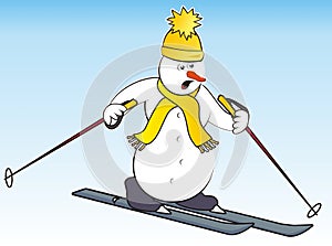 Snowman and ski, humorous vector illustration