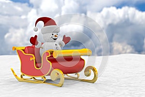 Snowman into sled on snowdrift. 3D illustration