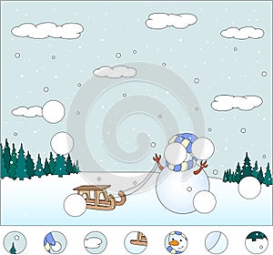 Snowman with sled in the winter forest: complete the puzzle