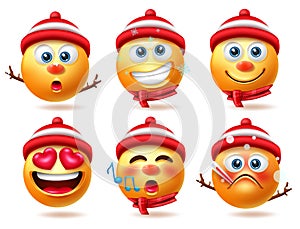 Snowman smiley christmas characters vector set. Snow man smileys 3d character in sick, inlove and singing facial expressions.