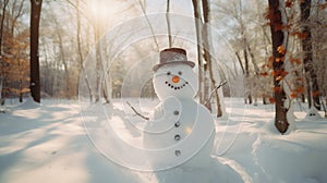 Snowman smiling in a snow-covered forest