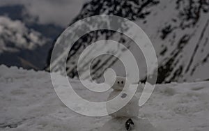 Snowman on snow covered ground. At the snow mountain, LAchen, Sikkim