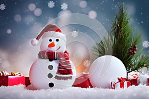 Snowman with snowball and fir branch photo