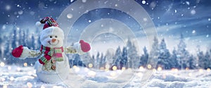 Snowman On Snow In Winter Forest With Snowfall