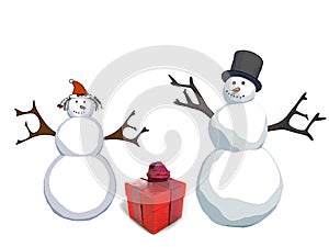 Snowman and snow woman with gift box