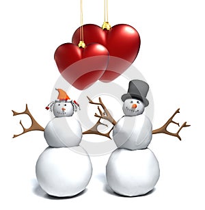 Snowman and snow woman with a hearts