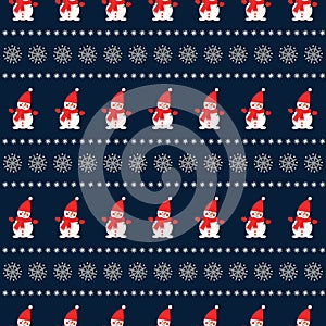 Snowman with snowflakes seamless pattern on blue background.