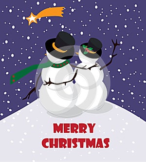Snowman with snowwoman watching the star in the snowing night, vector illustration