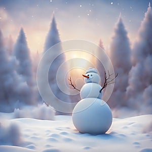 Snowman in snowy forest winter landscape sunset generative AI