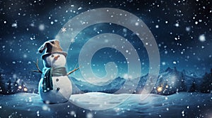 snowman in snowy winter night with beautiful blue sky background for festive holiday decoration