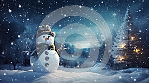 snowman in snowy winter night with beautiful blue sky background for festive holiday decoration