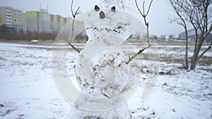 Snowman standing on a snowy field