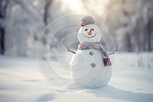 A snowman is standing in a snowy forest. He is wearing a hat and a scarf. He has a carrot for a nose and two black buttons for