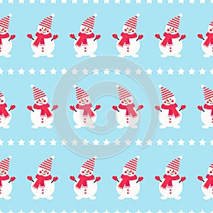 Snowman with stars seamless pattern on blue background.