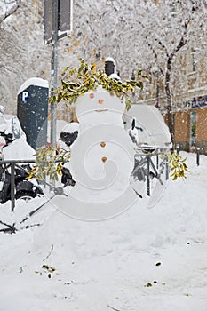 Snowman in street of Madrid city after a big snowfall