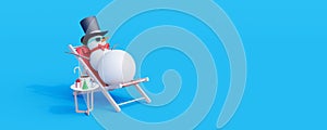 Snowman with sunglasses resting and drink hot chocolate on blue background. Winter Holidays concept 3d render