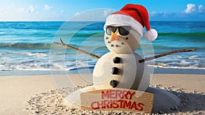 Snowman With Sunglasses and Santa Hat with Merry Christmas Signboard on Beach. Holiday Spirit Everywhere