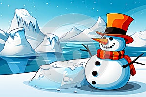 Snowman with top hat, carrot and nose in front of a wintry background. Holiday background