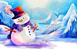 Snowman with top hat, carrot and nose in front of a wintry background. Holiday background