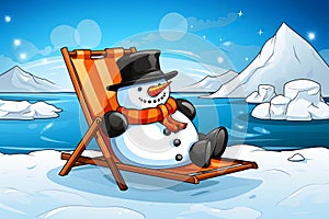 Snowman with top hat, carrot and nose lying in a deckchair at the North Pole. Holiday background