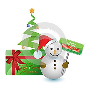 Snowman, tree and merry Christmas gift card