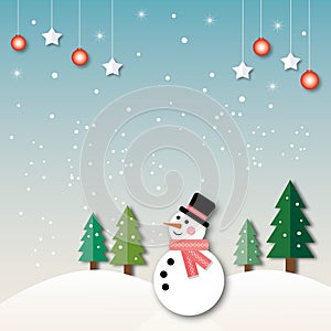 Snowman with tree, starlight, ball on snow white background. Merry Christmas and Happy New Year concept.